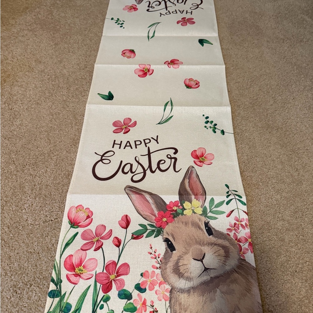 Easter Bunny Table Runner with Floral Design 13 inches x 48 inches.